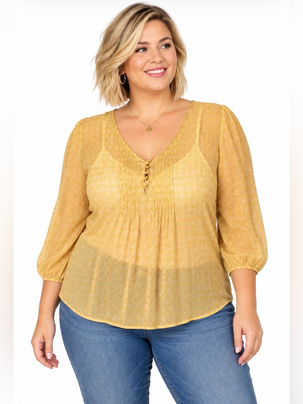 St. John's Bay Yellow Gold Sheer Geometric Blouse Top Plus Size 1X